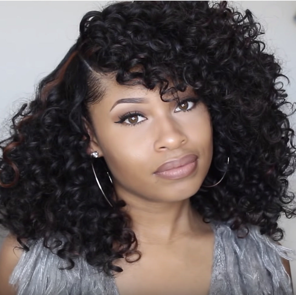 Get trendy with Glueless Curly Full Machine Made Scalp Top Wig With Bangs 180 Density Remy -  available at ZONE6IX DISTRIBUTIONS LLC . Grab yours for $150.93 today!