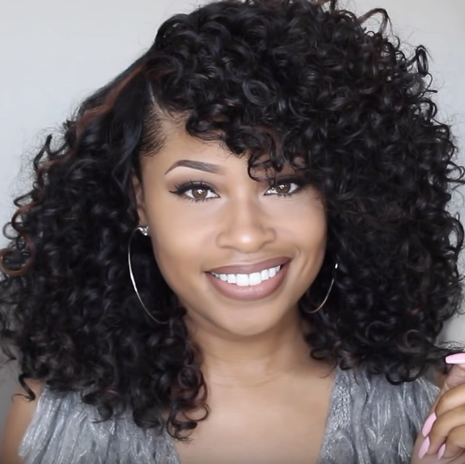 Get trendy with Glueless Curly Full Machine Made Scalp Top Wig With Bangs 180 Density Remy -  available at ZONE6IX DISTRIBUTIONS LLC . Grab yours for $150.93 today!